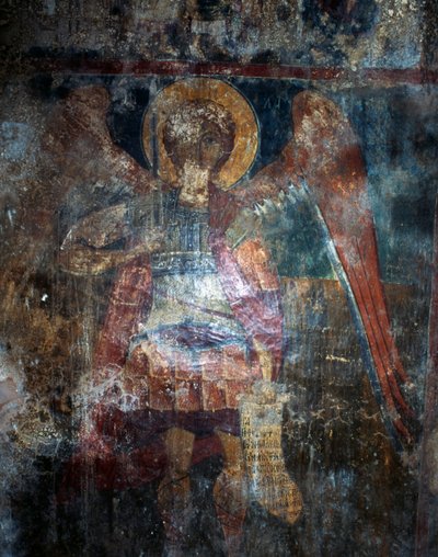Ángel, fresco en la iglesia bizantina de Agios Constantinos y Agia Eleni, Voukolies, Creta, Grecia de J.B. and Brown J. Rowbotham
