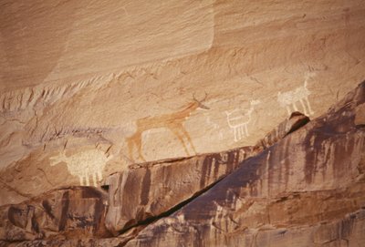 Figuras de animales, pinturas rupestres por artistas navajos, Monumento Nacional del Cañón de Chelly, Reserva India Navajo, Arizona, EE.UU. de Benjamin Baud