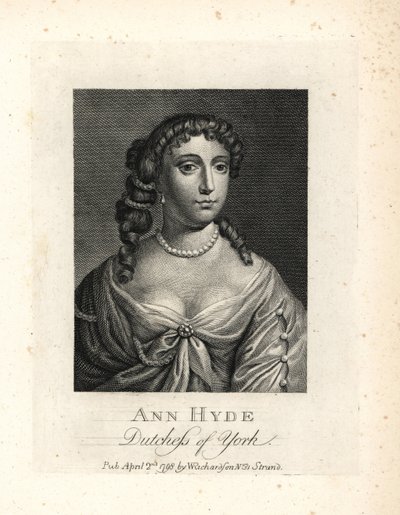 Anne Hyde (1637-1671), duquesa de York y de Albany, primera esposa del rey Jacobo II de Inglaterra. Grabado al cobre sobre un retrato de Sir Peter Lely, de la obra de William Richard Portraits Illustrating Granger