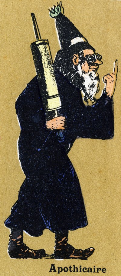 Boticario con un clíster. Alfabeto ilustrado. Imageries reunidas en Jarville-Nancy, principios del siglo XX. Dim: 40 x 29 cm. Litografía sobre fondo bistre de Unbekannt
