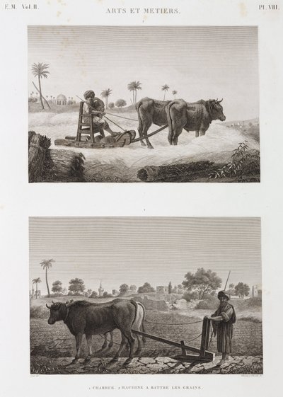 Agricultura arable, arado y máquina de trilla, Egipto, c 1798 de Unbekannt