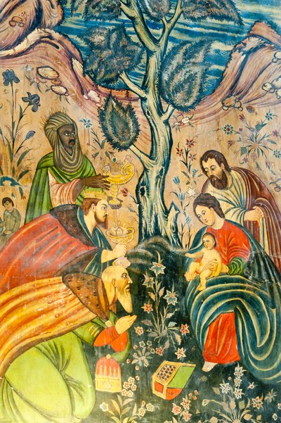 Iglesia Apostólica Armenia; Mural; Adoración de los Magos; Jesucristo; María y José; los Tres Reyes Magos dan regalos; Iglesia de Belén o Iglesia Bedkhem; distrito de Julfa o Jolfa; Isfahan; Irán; Asia de Unbekannt