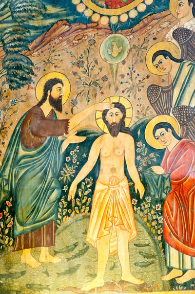 Iglesia Apostólica Armenia; Mural; Bautismo de Jesucristo por Juan el Bautista en el Jordán; Iglesia de Belén o Iglesia Bedkhem; distrito de Julfa o Jolfa; Isfahan; Irán; Asia de Unbekannt