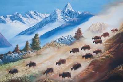Arte; pintura de un rebaño de yaks bajo la montaña Ama Dablam; vida rural; galería en Katmandú; Nepal; Asia de Unbekannt