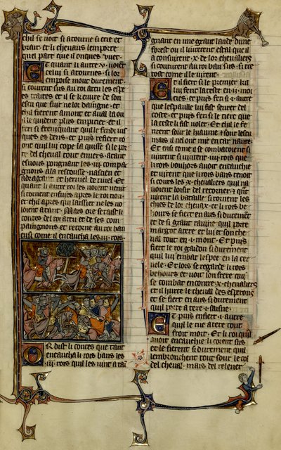 Leyenda artúrica (búsqueda del Santo Grial) : Benoic persigue al sajón y la batalla de Danablaise son dos iluminaciones extraídas del manuscrito Historia de Merlín, datado del siglo XIII entre 1280-1290 de Unbekannter Künstler