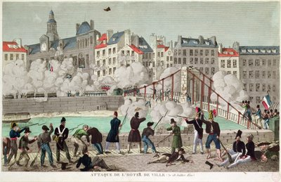 Ataque al Ayuntamiento de París y batalla del puente de Arcola, 28 de julio de 1830 (grabado) de Unbekannter Künstler