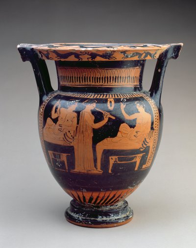 Cáliz-krater de figuras rojas ático con una escena de simposio de un flautista entre dos hombres reclinados, griego, c.420 a.C. (cerámica) de Unbekannt
