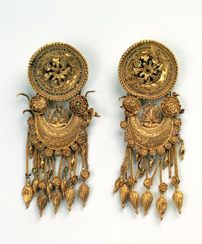 Pendientes áticos decorados con granulación de filigrana y esmalte, del Reino del Bósforo, primera mitad del siglo IV a.C. de Unbekannt