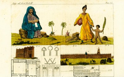 Auguste René Caillie fingiendo estudiar el Corán para dibujar la mezquita en Tombuctú, Malí, con mujer en bata de algodón y niño desnudo con hoja de palma de Unbekannt