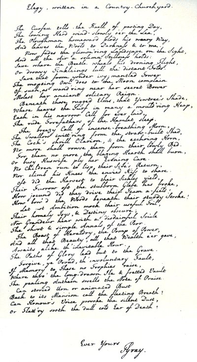 Copia autógrafa en la escritura del poeta, Thomas Gray, de su poema 