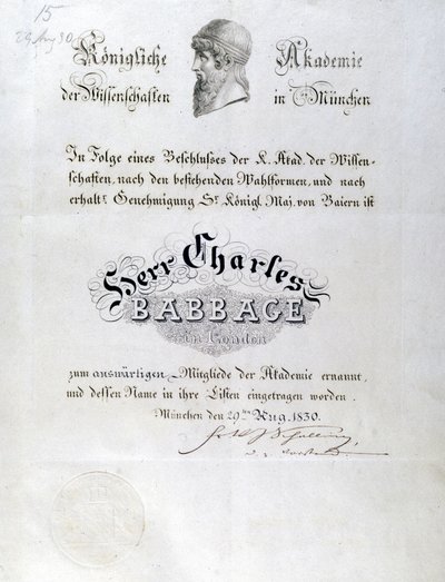 Diploma honorario de Babbage otorgado a Charles Babbage de Unbekannt