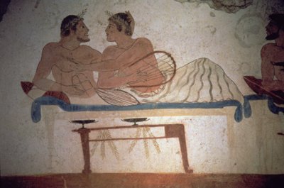 Banquete al que asistieron los difuntos, detalle de una pintura de la Tumba del Buzo, c.480 a.C. (pintura mural) (para el detalle ver: 112063) de Unbekannter Künstler