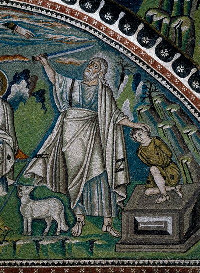 Historias de Abraham, detalle de mosaicos de luneta sobre la entrada al deambulatorio que representa el sacrificio de Isaac de Benjamin Baud