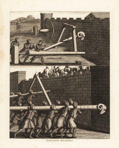 Ariete y dos tipos de barrenas para perforar paredes en la parte superior, y dos arietes abajo, uno sostenido por un triángulo y el otro llevado sobre los hombros de los soldados de Unbekannt