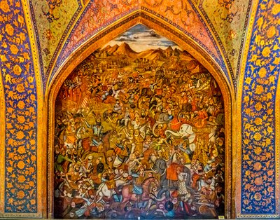 Batalla de Chaldiran contra el otomano Selim I 1514, frescos con escenas cortesanas y de batallas, Palacio Chehel Sotoun, Isfahán, Isfahán, Irán, Asia (foto) de Unbekannter Künstler