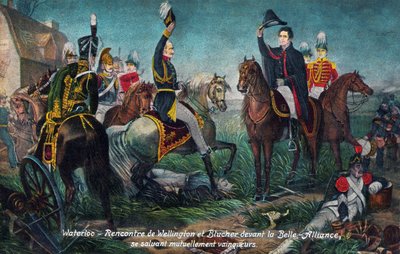 Batalla de Waterloo : encuentro entre Wellington y Blucher, en 1815 (impresión) de Unbekannter Künstler