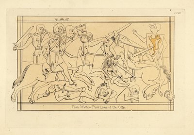 Escena de batalla con caballeros en cascos cilíndricos y capuchas de malla, sobreveste armorial y escudos con blasones de Unbekannt