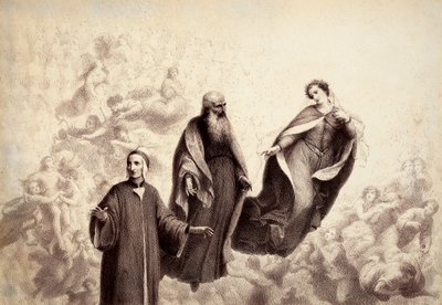Beatrice se aleja de Dante, y a su lado aparece San Bernardo. Ilustración del Canto XXXI en Paradiso de La Divina Comedia de Dante Alighieri. Obra de Francesco Scaramuzza dedicada al Ayuntamiento de Florencia. de Unbekannter Künstler