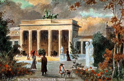 Berlín - Brandenburger Thor. Vista de la Puerta de Brandeburgo, con flores y transeúntes, finales del siglo XIX/XX (impresión) de Unbekannter Künstler