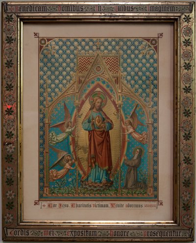 Bevere. Iglesia parroquial (Sint-Pietersbanden). Interior. Impresión devocional coloreada. Escuela de S Lucas Gante, Propiedad 1875, W Z Dreyt Brujas. Neogótico. de Unbekannt