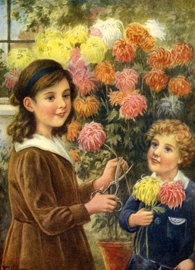 Niño y niña cortando flores en el jardín fuera de su casa de Unbekannter Künstler