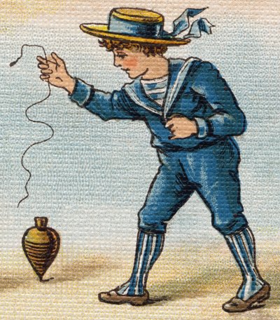 Niño jugando con el trompo. Grabado en "Alphabet de ma petite fille". Bernardin-Bechet y Fils, libreros-editores, París, alrededor de 1895. Álbum irrompible en lienzo. Biblioteca de los Bebés. 12 páginas. Álbum que contiene un método de lectura y un abeced de Unbekannt