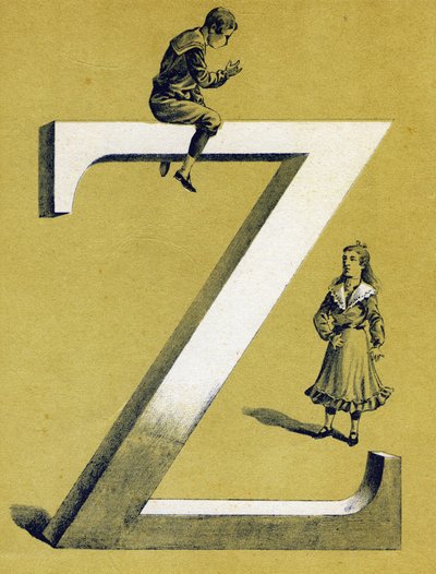 Niño sentado en la letra Z y niña pequeña de pie debajo de él. Alfabeto ilustrado. Imageries reunidas en Jarville-Nancy, principios del siglo XX. Dim: 40 x 29 cm. Litografía sobre fondo bistre de Unbekannt