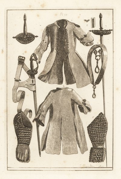 Chaqueta de cuero, cinturón de cuero, empuñadura de espada de plata dorada, pieza de brazo y guante de cuero, espada de Toledo, hoja y vaina, y empuñadura de Unbekannt