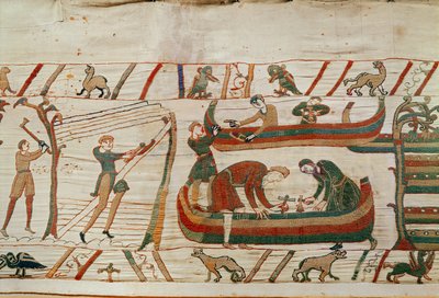 Construcción de barcos bajo las órdenes del Duque Guillermo, Tapiz de Bayeux (bordado en lana sobre lino) de Unbekannt