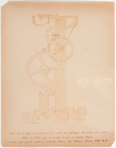 RELOJES, Dibujo general de la propuesta de aplicación del péndulo de Galileo, c. 1642 de Unbekannt