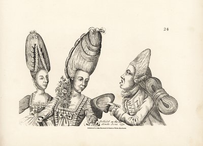 Caricatura de las modas de finales del siglo XVIII: mujer con peluca alta y jardín de flores en el pecho, y macarrón con peluca alta y extravagante masa de pelo atada a la espalda. Grabado al cobre según una ilustración satírica de Timothy Bobbin (John de Unbekannter Künstler