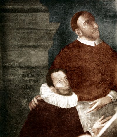 Carlo Gesualdo, Príncipe de Venosa. 1560-1613. En la pintura con su tío Carlo Borromeo. Gesualdo es la figura arrodillada. El cuadro está colgado en la iglesia de Gesualdo, Santa Maria delle Grazie (Convento dei Frati Cappuccini). Se cree que es un retablo de Unbekannter Künstler