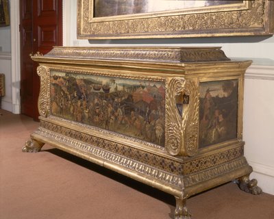 Cassone, con paneles pintados que representan la Batalla de Farsalia de la Historia de Pompeyo y César, Escuela Florentina de Unbekannt