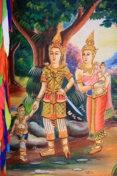 Obra de arte en el techo que representa la vida de Buda. Templo Wat Si Sou Mang Karam. Vieng Vang, Laos de Unbekannt