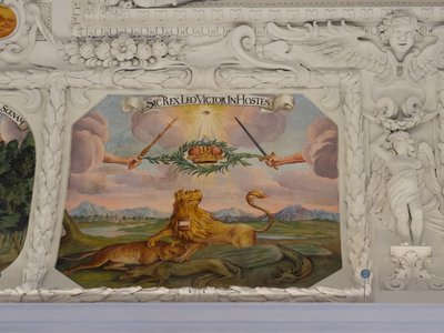 Fresco del techo de la nave de la iglesia de Santa Catalina, representaciones alegóricas de las victorias del emperador Leopoldo I sobre los otomanos, Mausoleo de los Habsburgo, Graz, Estiria, Austria, Europa (foto) de Unbekannter Künstler