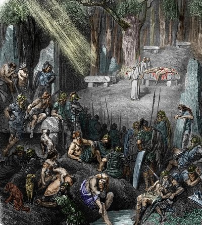 Antigüedad celta: “”Sacrificio humano durante una ceremonia presidida por un druida en presencia de familias y guerreros en un bosque” (Religión gala, sacrificio humano durante una ceremonia presidida por un druida en presencia de familias y guerreros en u de Leopold Blonder