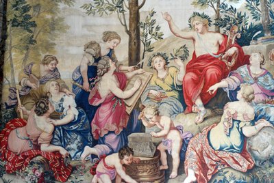 Castillo de Fontainebleau: detalle, pañería tejida para Luis XIV en la fábrica de Gobelinos a partir de 1687 según las grandes pinturas de Pierre Mignard en el castillo de Saint Cloud para Monsieur Philippe Duc d