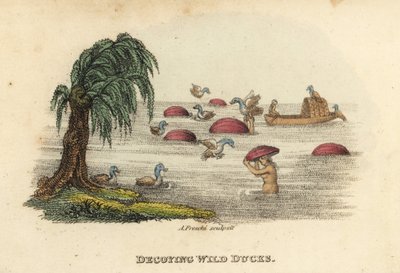 Hombres chinos cazando patos salvajes con sombreros de calabaza señuelo en el río, dinastía Qing. Grabado en cobre coloreado a mano de Andrea Freschi según Antoine Cardon de la obra de Henri-Leonard-Jean-Baptiste Bertin y Jean Baptiste Joseph Breton China, de Unbekannter Künstler