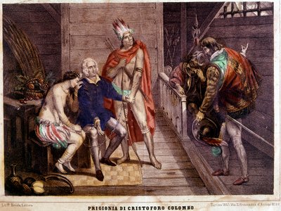 Cristóbal Colón (Colombo) se encadena en 1500 a su regreso a España - grabado italiano de 1861 de Unbekannter Künstler