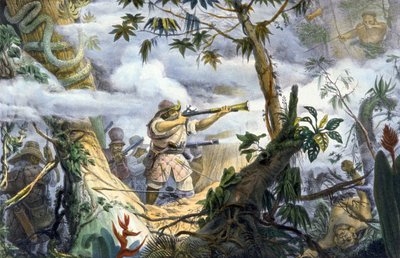 Indios "civilizados" luchando contra indios botocudos, Brasil de Unbekannter Künstler
