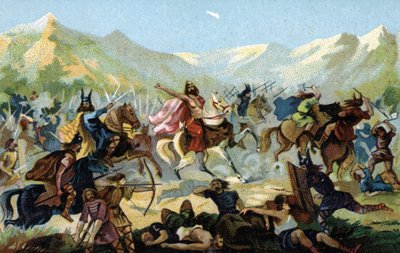 Clodoveo I (466-511), rey de los francos, durante la batalla de Tolbiac en 496 contra la tribu germánica de los alamanes, juró convertirse en caso de victoria. Finales del siglo XIX (cromolitografía) de Unbekannter Künstler