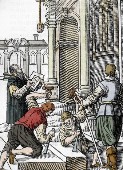 Construcción de una catedral, canteros en el siglo XIII-XIV (grabado) de Unbekannter Künstler