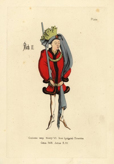 Traje del Rey Ricardo II, con túnica corta y completa bordeada de piel, cinturón en las caderas con un ceñidor, zapatos puntiagudos, tocado redondo con cola larga y corona de tela cortada en forma de hojas de Unbekannt