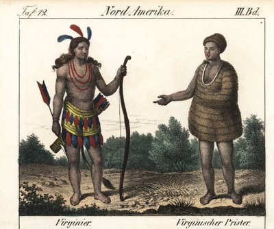 Traje de los indios Powhatan de Virginia (EE.UU.): un guerrero y un sacerdote de Secota. Litografía para el libro: "Galerie complete en tableaux fideles des peuples d