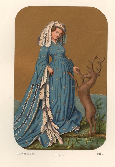 Traje de una dama noble de principios del siglo XV, lleva un largo tocado y un vestido de manga larga, jugando con un ciervo - De un naipe de la Biblioteca Real de Stuttgart (Alemania) - Cromolitografía, dibujo de Jakob Heinrich von de Unbekannter Künstler