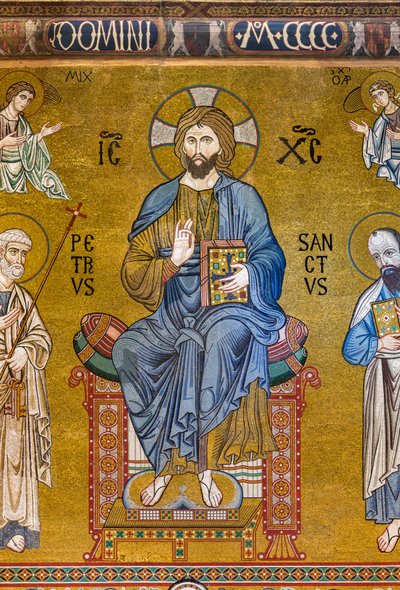 Contrafachada: mosaico "Majestad de Cristo entronizado entre los santos Pedro y Pablo", siglo XII, Capilla Palatina, Palacio Real o Palacio de los Normandos, Palermo, Sicilia, Italia (foto) de Unbekannter Künstler