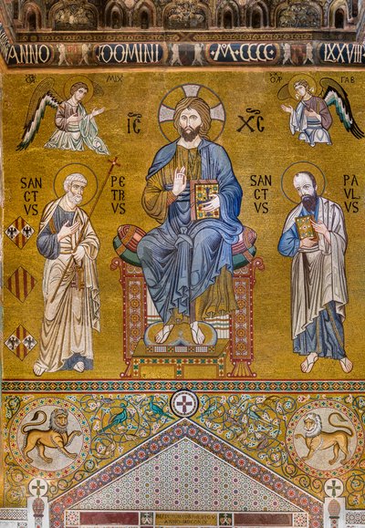 Contrafachada: mosaico "Majestad de Cristo entronizado entre los santos Pedro y Pablo", siglo XII, Capilla Palatina, Palacio Real o Palacio de los Normandos, Palermo, Sicilia, Italia (foto) de Unbekannter Künstler