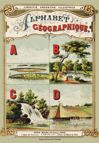 Portada: A: archipiélago, B: Bosque de Boulogne, C: cascada, D: dique - Grabado extraído de Alfabeto geográfico. Guerin-Muller et Cie, editores, París de Unbekannt