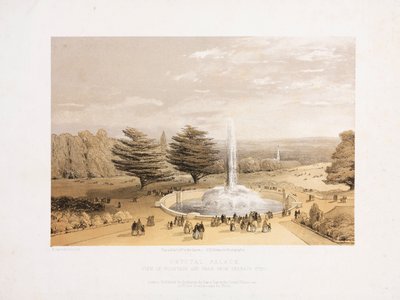 Palacio de Cristal, post-Gran Exposición La fuente y el parque desde los escalones de la terraza del Palacio de Cristal, c 1855 de Unbekannt