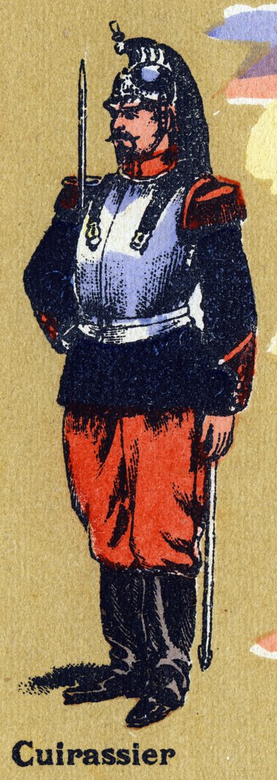 Coracero en uniforme de soldado. Alfabeto ilustrado. Imageries reunidas en Jarville-Nancy, principios del siglo XX. Dim: 40 x 29 cm. Litografía sobre fondo bistre de Unbekannt